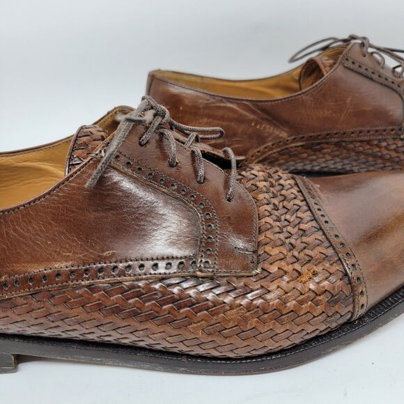 Peter Huber Mens Brown Leather Woven Cap Toe Derbys Size US 10 M Made In Spain - Picture 8 of 16